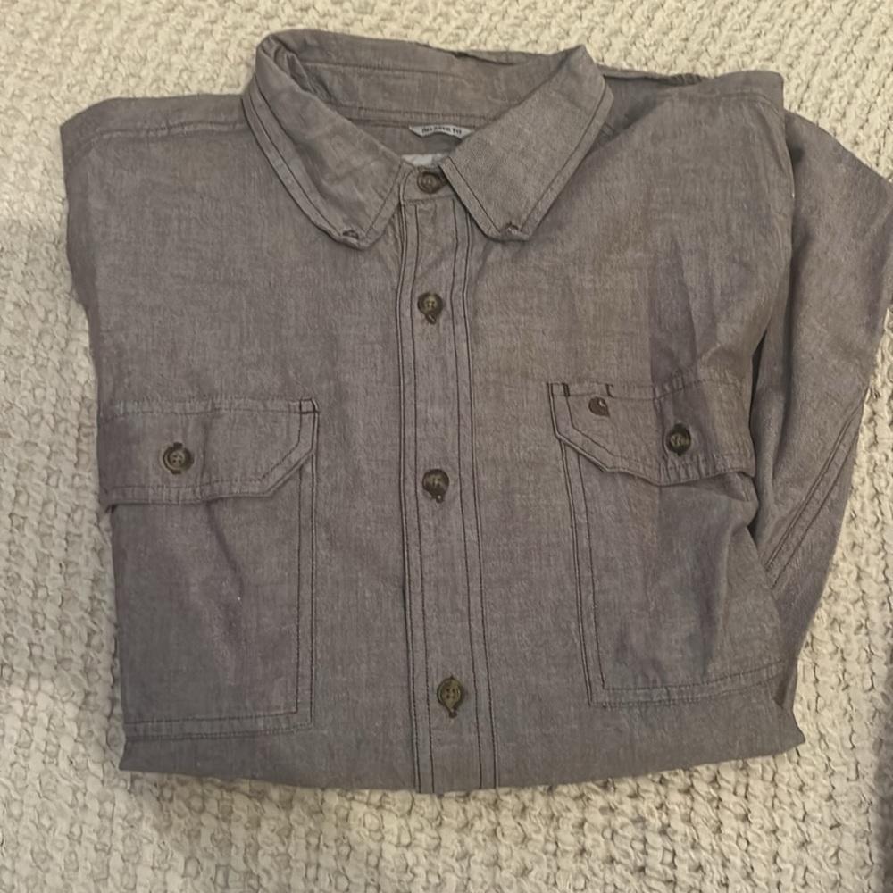 Men’s CARHARTT XL brown grey button up collared shirt linen feel relaxed fit - Picture 11 of 11